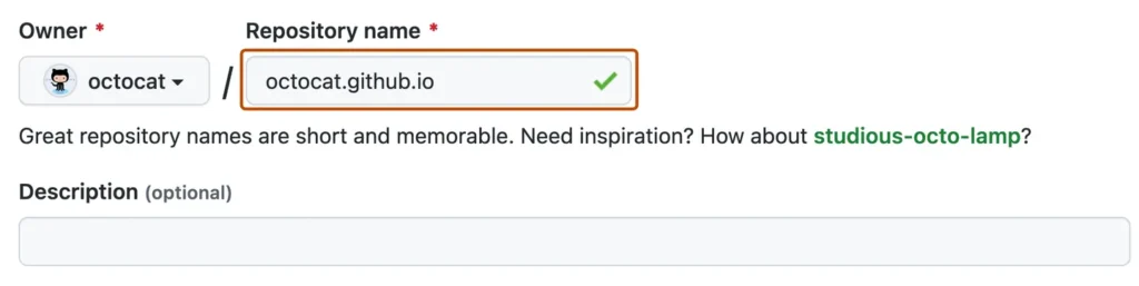 GitHub repository naming example for a personal Pages website