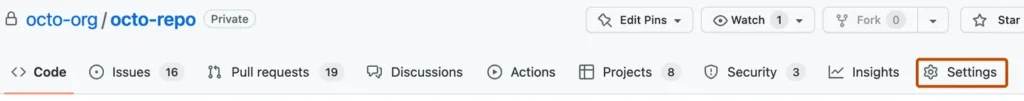 GitHub repository Settings tab highlighted in the official documentation
