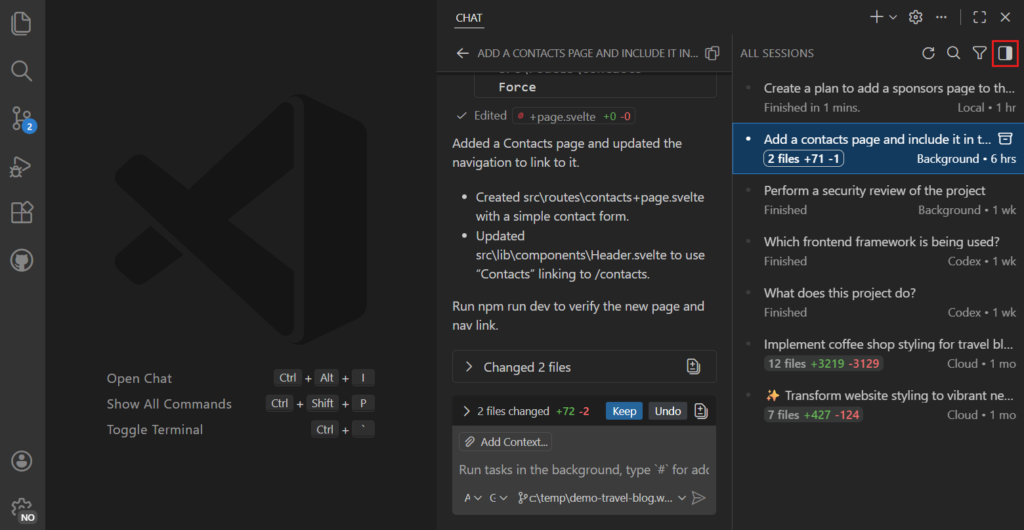 Official VS Code screenshot showing the AI chat session and project context.