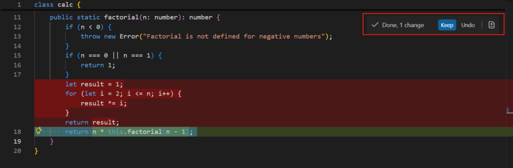 Official VS Code example of reviewing an AI-suggested code change; the example code is not a project claimed by this publication.