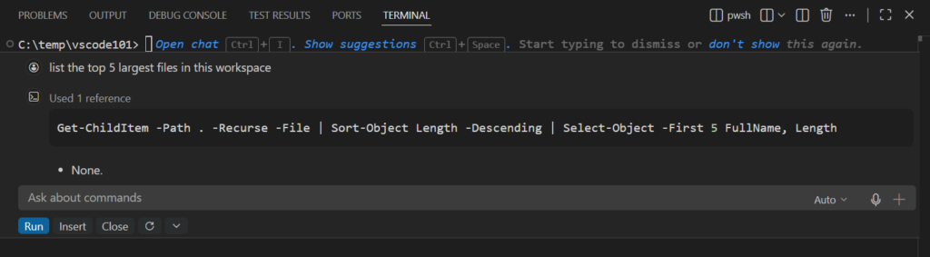 Official VS Code terminal chat example, illustrating an assistant working with a specific development task.
